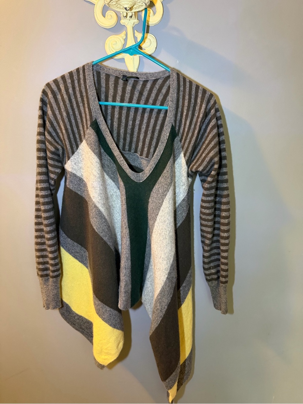 Striped V-Neck Colorblock Sweater - Gray, Yellow, Green “Shark Bite” Bottom